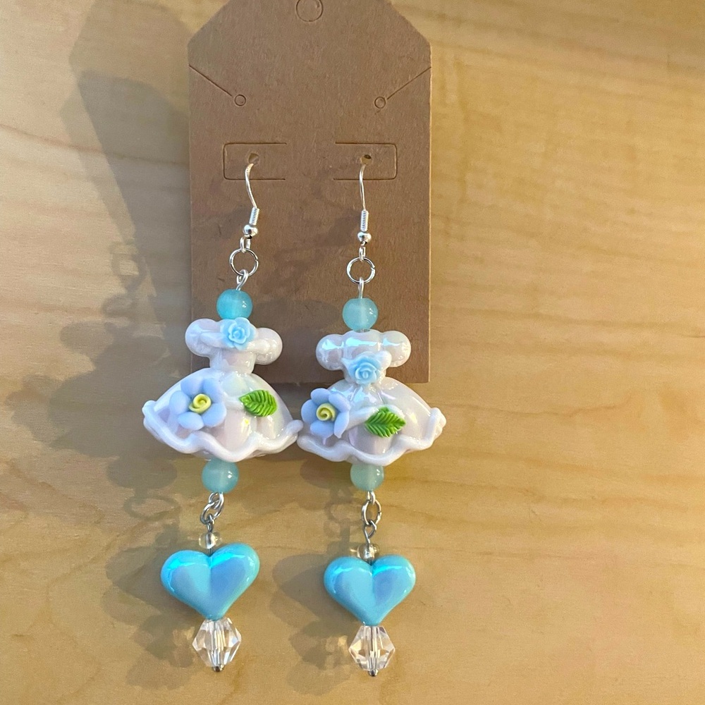 White dress earrings with blue accents and hearts :)
